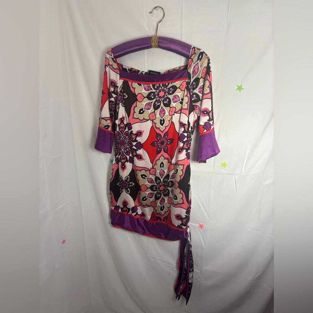 90s Does 70s Reversible Satin Floral Miniβ Dress Bell Sleeve Purple+Red Size M